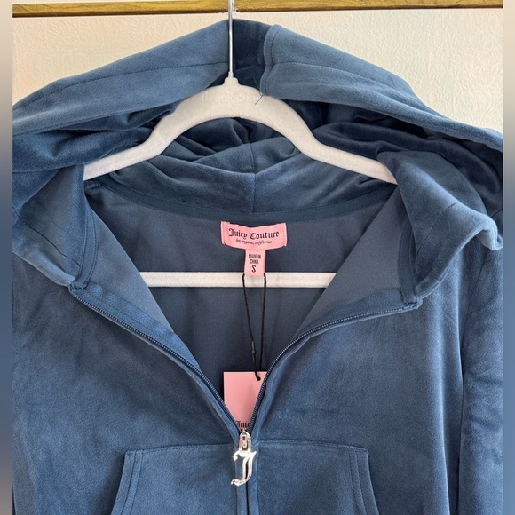 JUICY COUTURE Womens Classic Rhinestone Juicy Velour Hoodie Midnight Sea Sz Sm - Picture 5 of 8